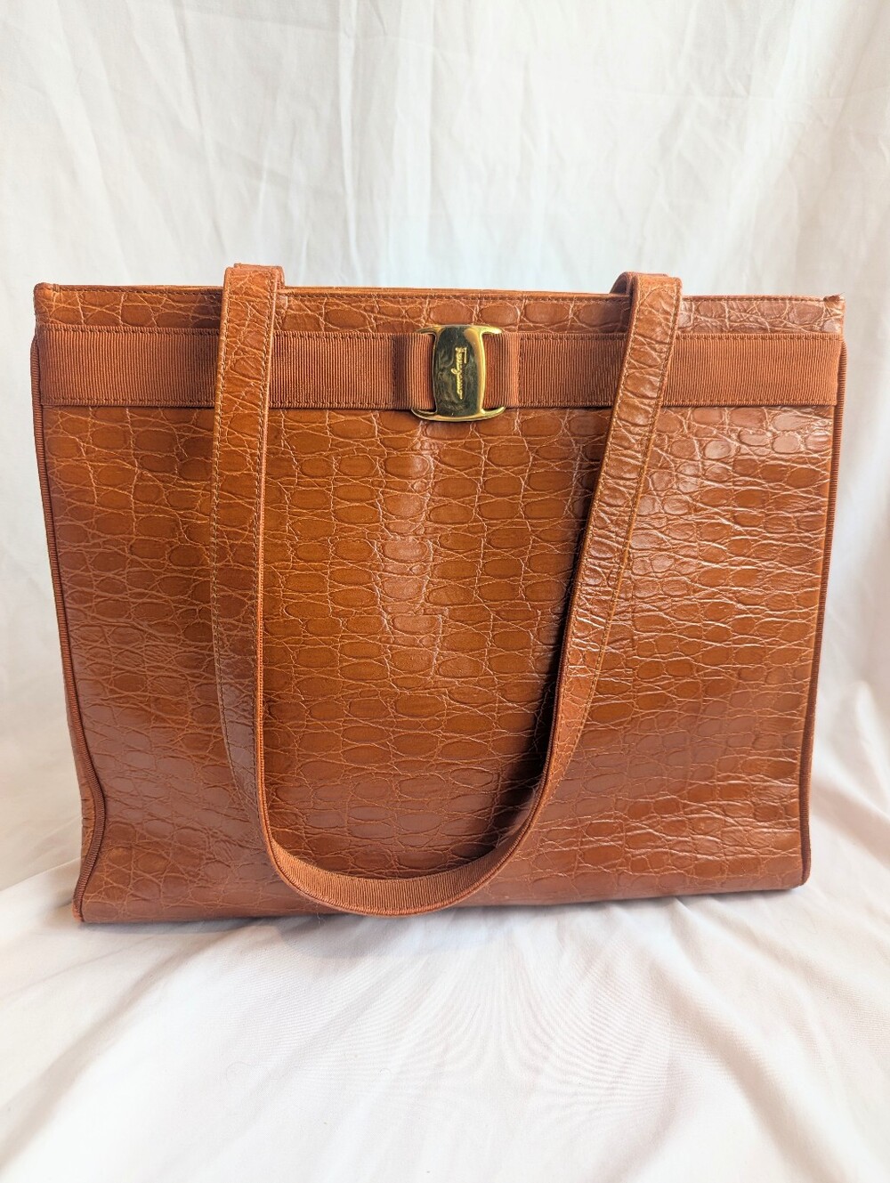 Salvatore Ferragamo Brown Croc Embossed Leather Vara Tote Bag